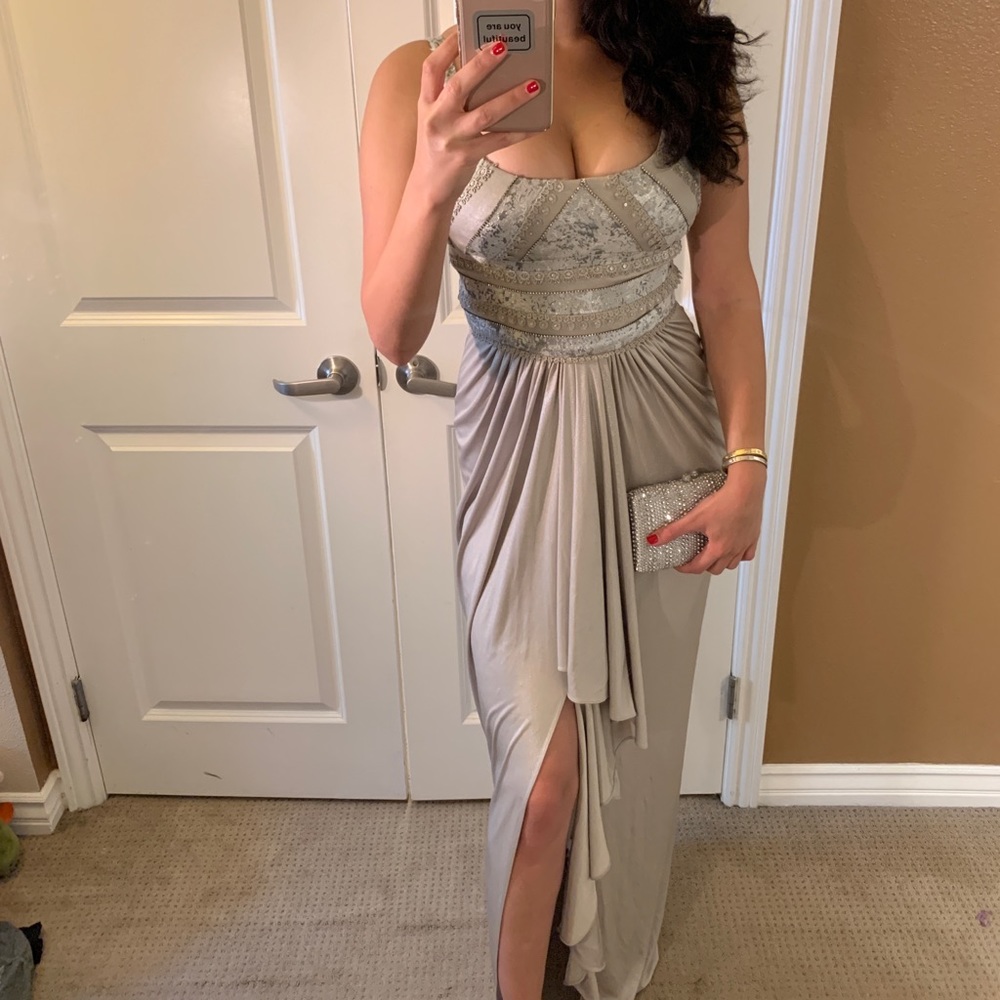 Silver Embellished High Split Goddess Gown